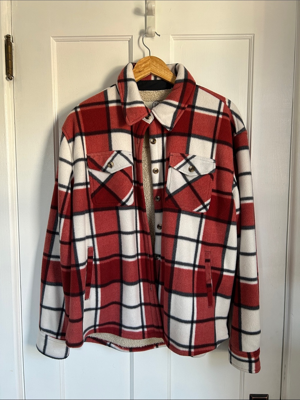 Red and White Plaid Sherpa-Lined women’s Jacket